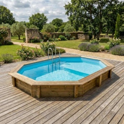 Piscina in legno NEMO 4.3 x 3 – H.1.31 m con spiaggia, azzurro chiaro, Su telaio - senza cementazione