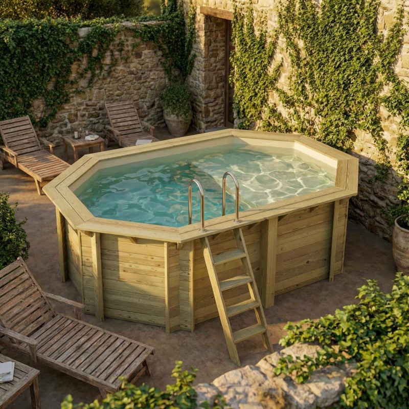 Piscina in legno NEMO 4.3 x 3 – H.1.31 m con spiaggia, sabbia, Su telaio - senza cementazione