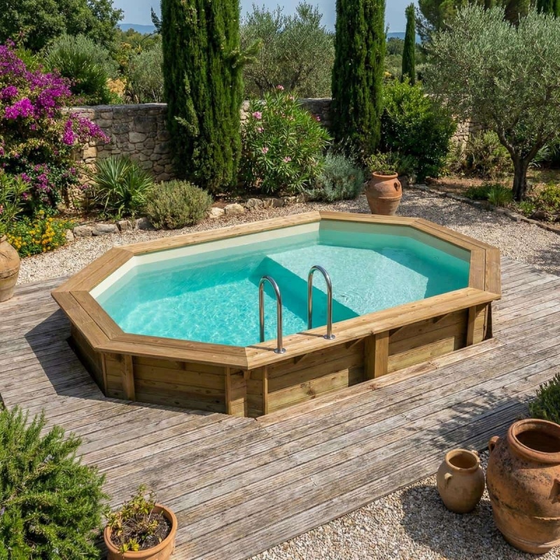 Piscina in legno NEMO 4.3 x 3 – H.1.31 m con spiaggia, sabbia, Su telaio - senza cementazione
