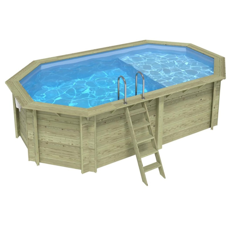 Piscina in legno NEMO 5.79 x 3.49 – H.1.45 m con spiaggia, azzurro chiaro, con supporti fissati al calcestruzzo