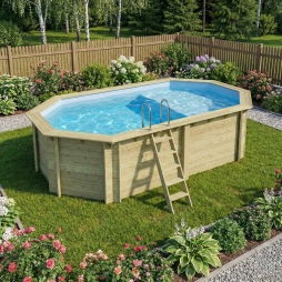 Piscina in legno NEMO 5.79 x 3.49 – H.1.45 m con spiaggia, azzurro chiaro, con supporti fissati al calcestruzzo