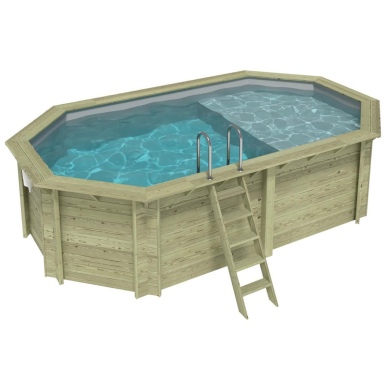 Piscina in legno NEMO 5.79 x 3.49 – H.1.45 m con spiaggia, grigio, con supporti fissati al calcestruzzo