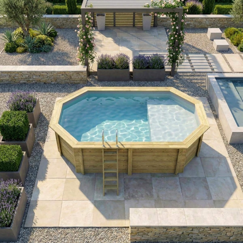 Piscina in legno NEMO 5.79 x 3.49 – H.1.45 m con spiaggia, grigio, con supporti fissati al calcestruzzo