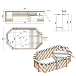 Piscina in legno NEMO 5.79 x 3.49 – H.1.45 m con spiaggia, grigio, con supporti fissati al calcestruzzo