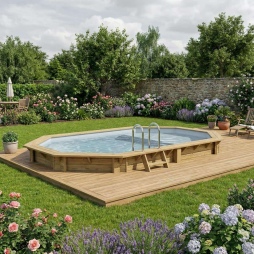 Piscina in legno NEMO 5.79 x 3.49 – H.1.45 m con spiaggia, grigio, con supporti fissati al calcestruzzo