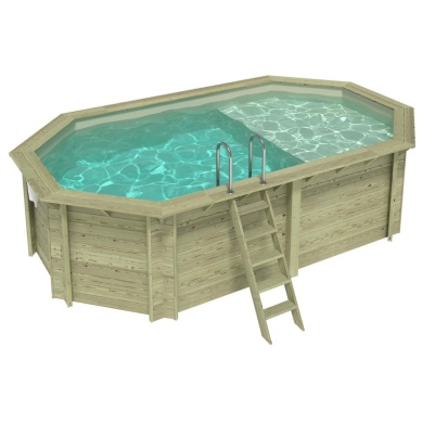 Piscina in legno NEMO 5.79 x 3.49 – H.1.45 m con spiaggia, sabbia, con supporti fissati al calcestruzzo