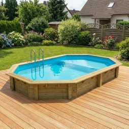 Piscina in legno NEMO 5.79 x 3.49 – H.1.45 m con spiaggia, azzurro chiaro, con supporti da cementare