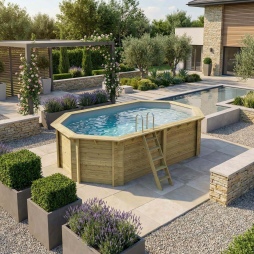 Piscina in legno NEMO 5.79 x 3.49 – H.1.45 m con spiaggia, grigio, con supporti da cementare