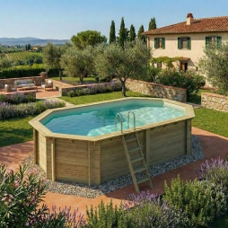 Piscina in legno NEMO 5.79 x 3.49 – H.1.45 m con spiaggia, sabbia, con supporti da cementare