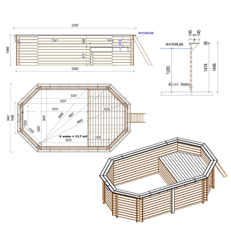 Piscina in legno NEMO 5.79 x 3.49 – H.1.45 m con spiaggia, sabbia, con supporti da cementare