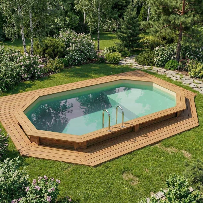 Piscina in legno NEMO 5.79 x 3.49 – H.1.45 m con spiaggia, sabbia, con supporti da cementare