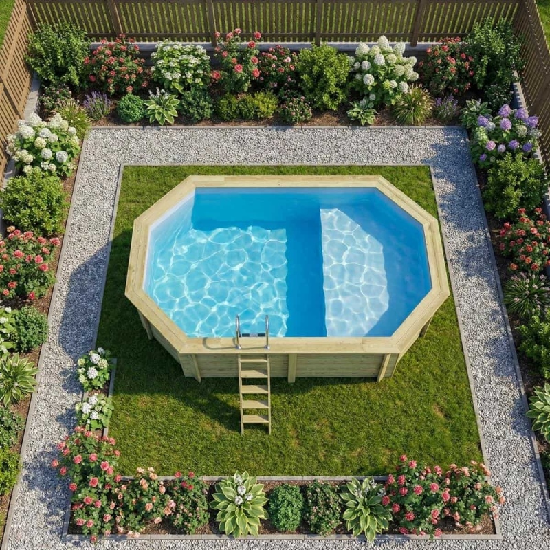 Piscina in legno NEMO 5.79 x 3.49 – H.1.45 m con spiaggia, azzurro chiaro, Su telaio - senza cementazione