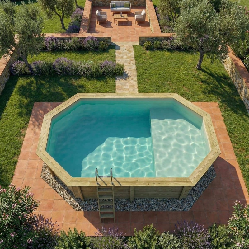 Piscina in legno NEMO 5.79 x 3.49 – H.1.45 m con spiaggia, sabbia, Su telaio - senza cementazione