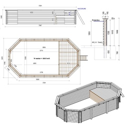 Piscina in legno NEMO 7.3 x 3.97 – H.1.45 m con spiaggia, azzurro chiaro, con supporti da cementare