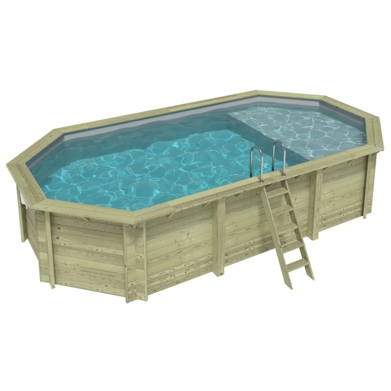 Piscina in legno NEMO 7.3 x 3.97 – H.1.45 m con spiaggia, grigio, con supporti da cementare