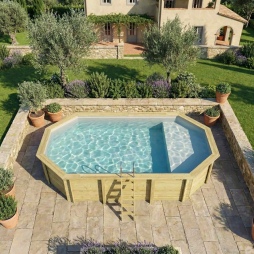 Piscina in legno NEMO 7.3 x 3.97 – H.1.45 m con spiaggia, grigio, con supporti da cementare
