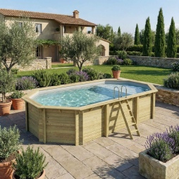 Piscina in legno NEMO 7.3 x 3.97 – H.1.45 m con spiaggia, grigio, con supporti da cementare