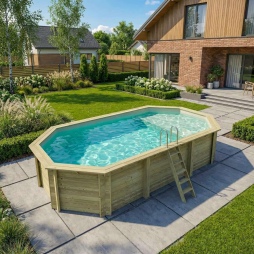 Piscina in legno NEMO 7.3 x 3.97 – H.1.45 m con spiaggia, sabbia, con supporti da cementare