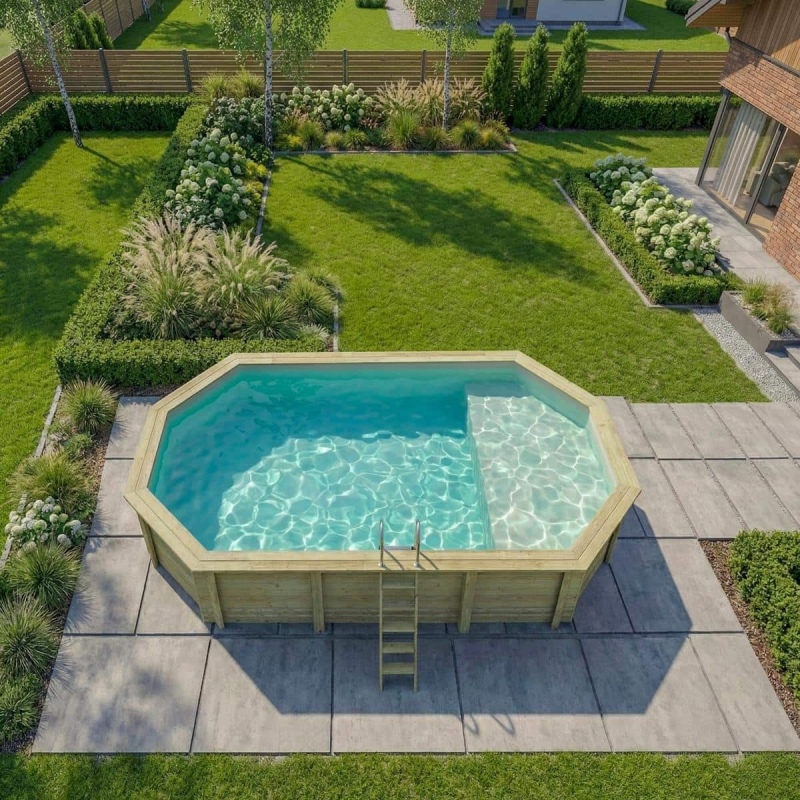 Piscina in legno NEMO 7.3 x 3.97 – H.1.45 m con spiaggia, sabbia, con supporti da cementare