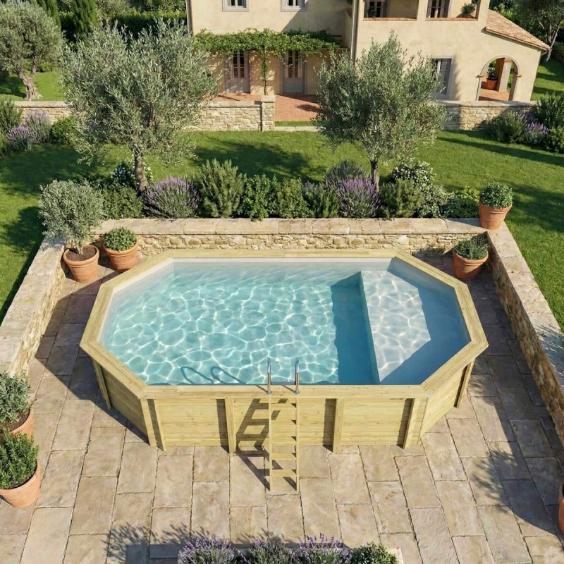 Piscina in legno NEMO 7.3 x 3.97 – H.1.45 m con spiaggia, grigio, con supporti fissati al calcestruzzo