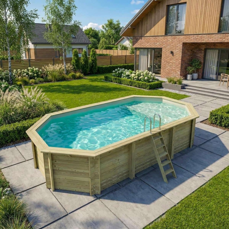 Piscina in legno NEMO 7.3 x 3.97 – H.1.45 m con spiaggia, sabbia, con supporti fissati al calcestruzzo