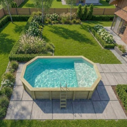 Piscina in legno NEMO 7.3 x 3.97 – H.1.45 m con spiaggia, sabbia, con supporti fissati al calcestruzzo