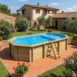 Piscina in legno NEMO 7.3 x 3.97 – H.1.45 m con spiaggia, azzurro chiaro, Su telaio - senza cementazione