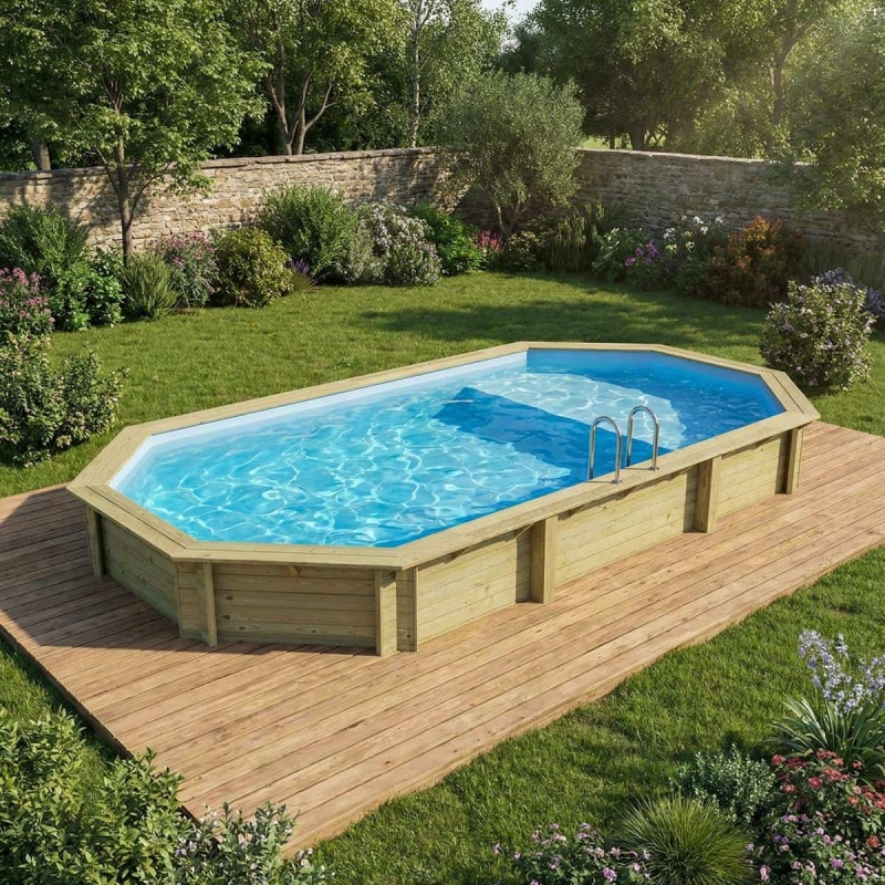 Piscina in legno NEMO 7.3 x 3.97 – H.1.45 m con spiaggia, azzurro chiaro, Su telaio - senza cementazione