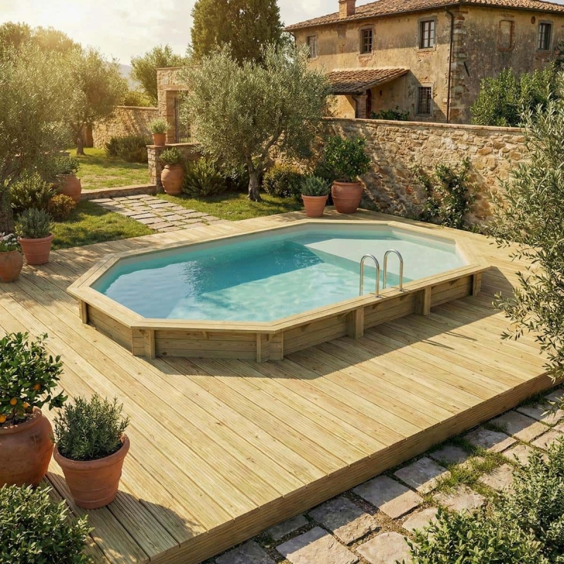 Piscina in legno NEMO 7.3 x 3.97 – H.1.45 m con spiaggia, sabbia, Su telaio - senza cementazione