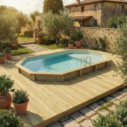 Piscina in legno NEMO 7.3 x 3.97 – H.1.45 m con spiaggia, sabbia, Su telaio - senza cementazione