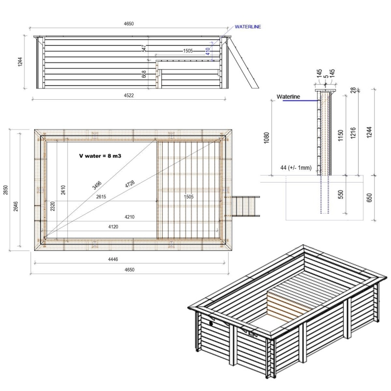 Piscina in legno AQUA 4.65 x 2.85 – H.1.24 m con spiaggia, grigio, con supporti da cementare