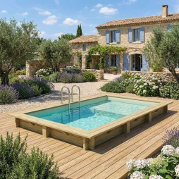 Piscina in legno AQUA 4.65 x 2.85 – H.1.24 m con spiaggia, sabbia, con supporti da cementare