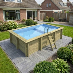 Piscina in legno AQUA 4.65 x 2.85 – H.1.24 m con spiaggia, azzurro chiaro, con supporti fissati al calcestruzzo