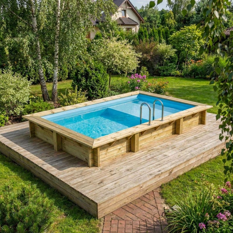 Piscina in legno AQUA 4.65 x 2.85 – H.1.24 m con spiaggia, azzurro chiaro, con supporti fissati al calcestruzzo