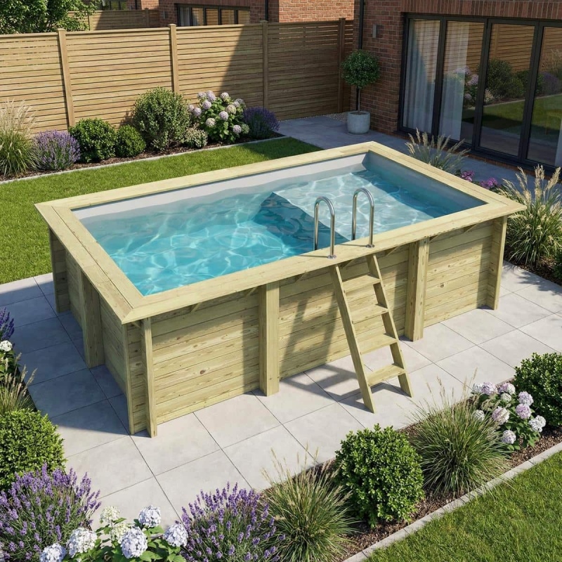 Piscina in legno AQUA 4.65 x 2.85 – H.1.24 m con spiaggia, grigio, con supporti fissati al calcestruzzo