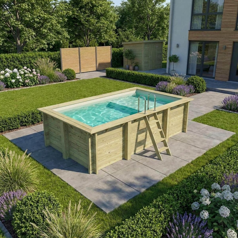 Piscina in legno AQUA 4.65 x 2.85 – H.1.24 m con spiaggia, sabbia, con supporti fissati al calcestruzzo