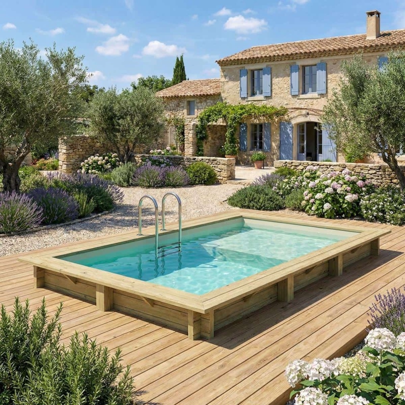 Piscina in legno AQUA 4.65 x 2.85 – H.1.24 m con spiaggia, sabbia, con supporti fissati al calcestruzzo