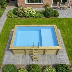 Piscina in legno AQUA 4.65 x 2.85 – H.1.24 m con spiaggia, azzurro chiaro, Su telaio - senza cementazione