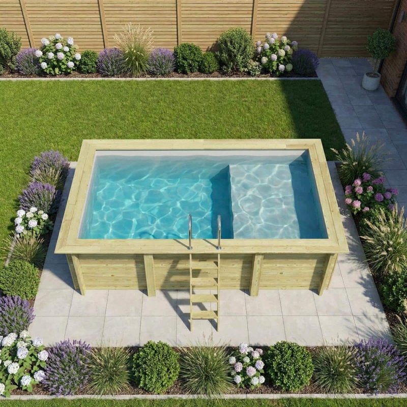 Piscina in legno AQUA 4.65 x 2.85 – H.1.24 m con spiaggia, grigio, Su telaio - senza cementazione