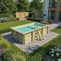 Piscina in legno AQUA 4.65 x 2.85 – H.1.24 m con spiaggia, sabbia, Su telaio - senza cementazione