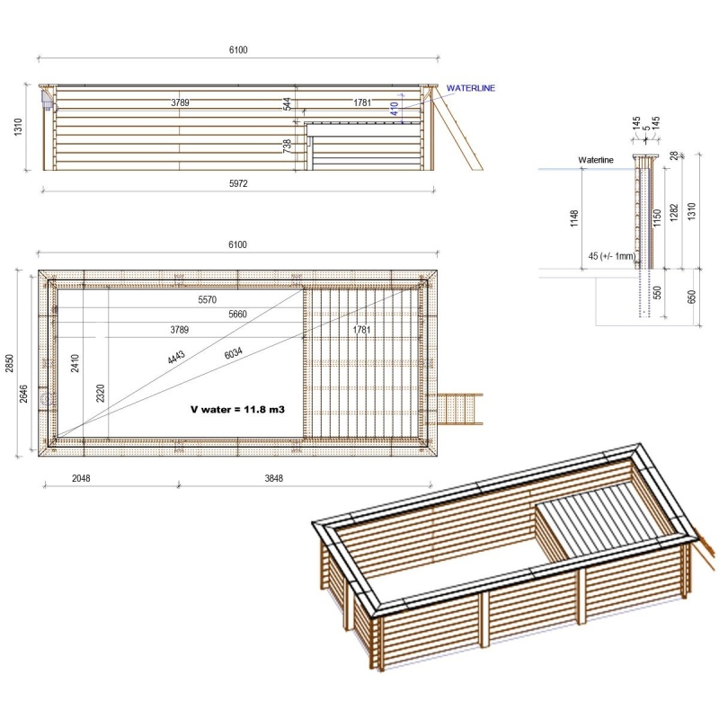 Piscina in legno AQUA 6.1 x 2.85 – H.1.31 m con spiaggia, azzurro chiaro, con supporti da cementare