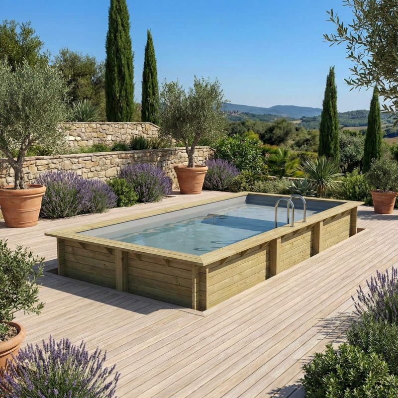 Piscina in legno AQUA 6.1 x 2.85 – H.1.31 m con spiaggia, grigio, con supporti da cementare