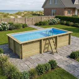 Piscina in legno AQUA 6.1 x 2.85 – H.1.31 m con spiaggia, azzurro chiaro, con supporti fissati al calcestruzzo