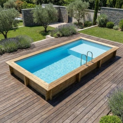 Piscina in legno AQUA 6.1 x 2.85 – H.1.31 m con spiaggia, azzurro chiaro, con supporti fissati al calcestruzzo