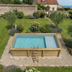 Piscina in legno AQUA 6.1 x 2.85 – H.1.31 m con spiaggia, grigio, con supporti fissati al calcestruzzo