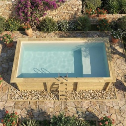 Piscina in legno AQUA 6.1 x 2.85 – H.1.31 m con spiaggia, sabbia, con supporti fissati al calcestruzzo