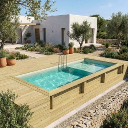 Piscina in legno AQUA 6.1 x 2.85 – H.1.31 m con spiaggia, sabbia, con supporti fissati al calcestruzzo