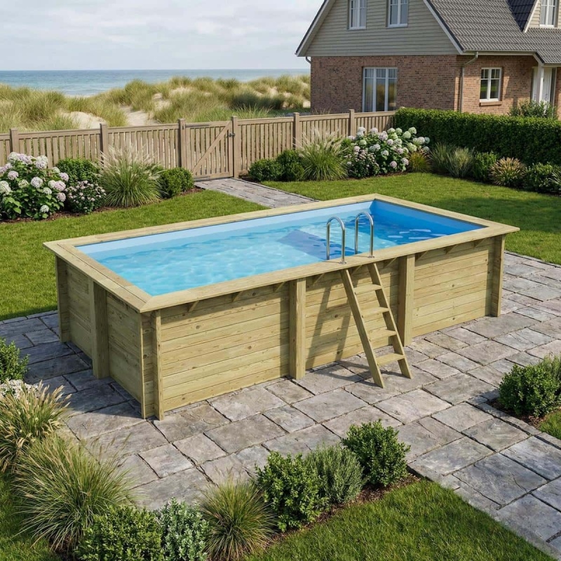 Piscina in legno AQUA 6.1 x 2.85 – H.1.31 m con spiaggia, azzurro chiaro, Su telaio - senza cementazione