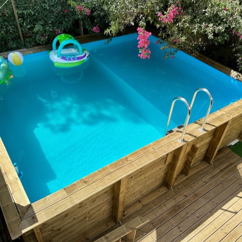 Piscina in legno AQUA 6.1 x 2.85 – H.1.31 m con spiaggia, azzurro chiaro, Su telaio - senza cementazione