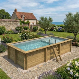 Piscina in legno AQUA 6.1 x 2.85 – H.1.31 m con spiaggia, grigio, Su telaio - senza cementazione